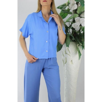 Sedef Düğmeli Krep Gömlek Mavi - 1288.65