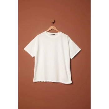 Sıfır Yaka Oversize İki İplik Tişört-Ekru