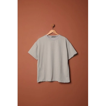 Sıfır Yaka Oversize İki İplik Tişört-Gri