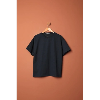 Sıfır Yaka Oversize İki İplik Tişört-Lacivert