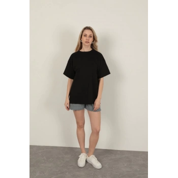 Sıfır Yaka Oversize İki İplik Tişört-Siyah