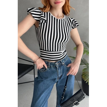 Sırtı Fiyonk Bağlamalı Çizgi Detaylı Crop Bluz
