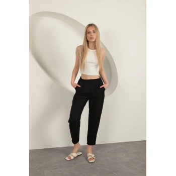 Sofia Keten Duble Paça Kadın Pantolon-Siyah