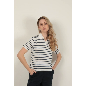 Süprem Kumaş Çizgili Kadın Tişört-Lacivert