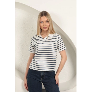 Süprem Kumaş Çizgili Kadın Tişört-Mavi