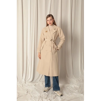 Torino Kumaş Broşlu Maxi Boy Kadın Taş Trençkot