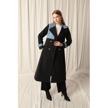 Torino Kumaş Kot Garnili Kadın Siyah Trençkot