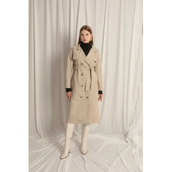 Torino Kumaş Sıvı Geçirmez Maxi Boy Kadın Taş Trençkot