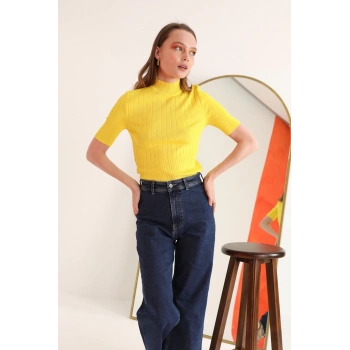 Triko Kumaş Balıkçı Fitilli Kadın  Bluz-Sarı