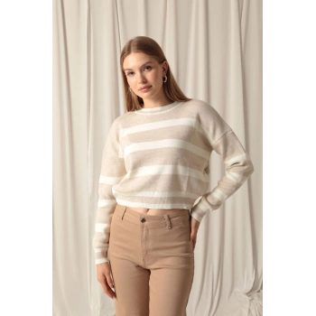 Triko Kumaş Çizgili Kadın Taş Kazak
