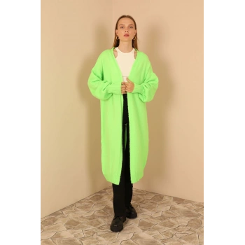 Triko Kumaş Şal Yaka Uzun Kadın Hırka-Neon Yeşil