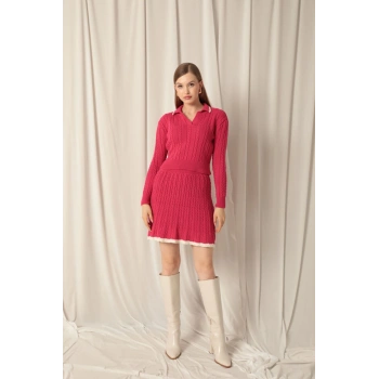 Triko Kumaş Yakalı Saç Örgülü Desen Fuşya Etek Takım