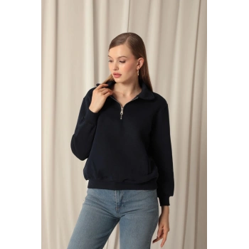 Üç İplik Bebe Yaka Kadın Lacivert Sweat