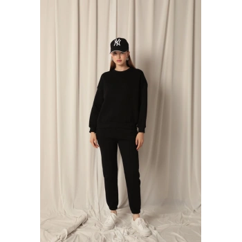 Üç İplik Kumaş Paçası Beli Lastikli Kadın Siyah Eşofman Altı