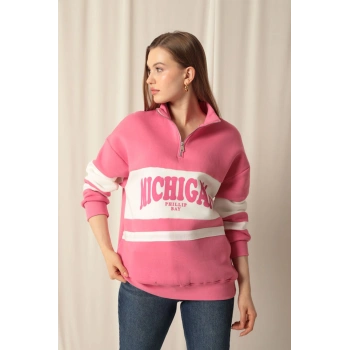 Üç İplik Michigan Baskılı Fermuarlı Kadın Pembe Sweat