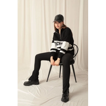 Üç İplik Michigan Baskılı Fermuarlı Kadın Siyah Sweat