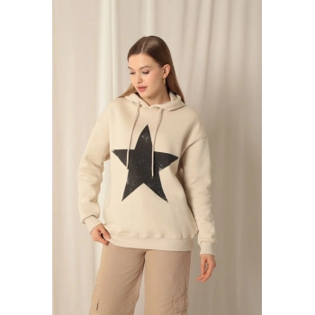 Üç İplik Yıldız Baskılı Kapüşonlu Kadın Bej Sweat