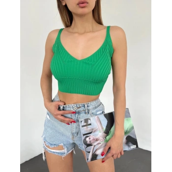 V Yaka Askılı Crop Triko Büstiyer Yeşil - DF2202