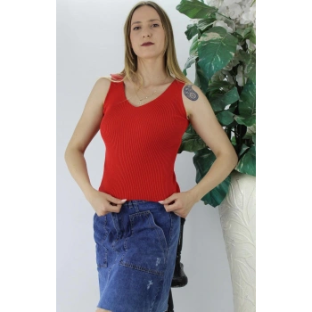 V Yaka Fitilli Triko Atlet Kırmızı - Lks1262.32