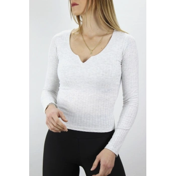 V Yaka Klipsli Bluz Açıkgri - 117.645