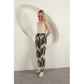 Viskon Kumaş Yaprak Desen Pantolon-Siyah