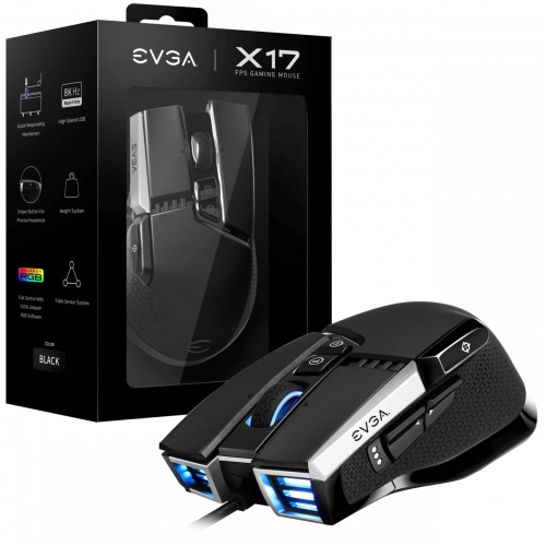 EVGA X17 Gaming Mouse, Wired, Black, Customizable, 16,000 DPI, 5 Profiles, 10 Buttons, Ergonomic