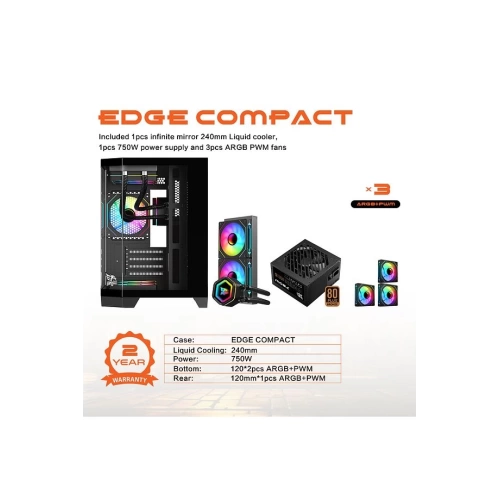 GAMEAGLE EDGE COMPACT BİLGİSAYAR KASASI + 750W POWER + SIVI SOĞUTMA (SİYAH)