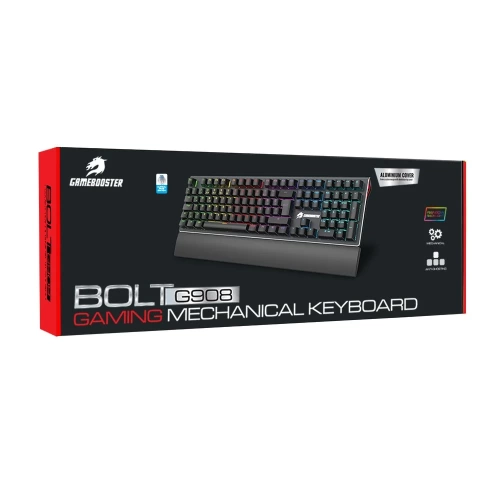 GAMEBOOSTER G908 BOLT RAİNBOW AYDINLATMALI BLUE SWİTCH MEKANİK BİLEKLİKLİ OYUN KLAVYESİ