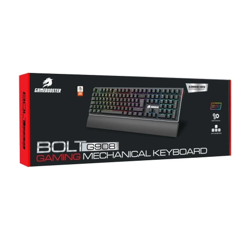 GAMEBOOSTER G908 BOLT RAİNBOW AYDINLATMALI RED SWİTCH MEKANİK BİLEKLİKLİ OYUN KLAVYESİ