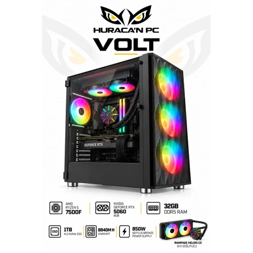 Huracan VOLT-Ryzen 5-7500F-DDR5-32GB Ram-1TB M.2 NvmeSSD-8GB RTX5060-Sıvı Soğutuculu-OEM Paket