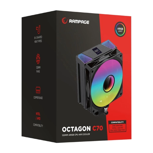 RAMPAGE OCTAGON C70 BEYAZ 63CFM 12CM ARGB SICAKLIK GÖSTERGELİ AM5/LGA1700 UYUMLU HAVA SOĞUTMALI CPU FAN