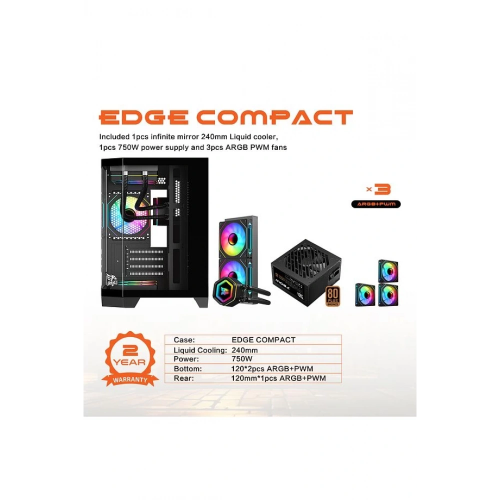 GAMEAGLE EDGE COMPACT BİLGİSAYAR KASASI + 750W POWER + SIVI SOĞUTMA (SİYAH)