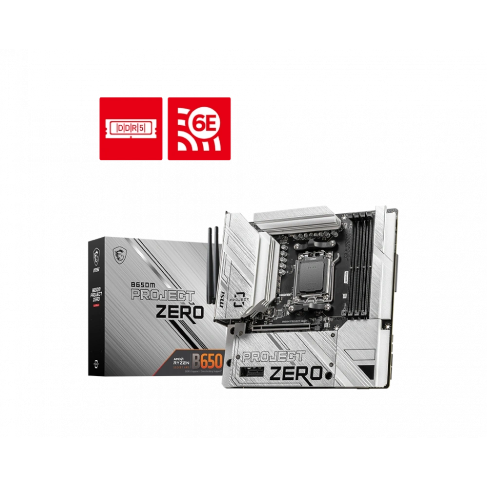 MSI B650M PROJECT ZERO AM5 DDR5 7600MHZ(OC) HDMI DP M.2 USB3.2 2.5G LAN WI-FI 6E mATX
