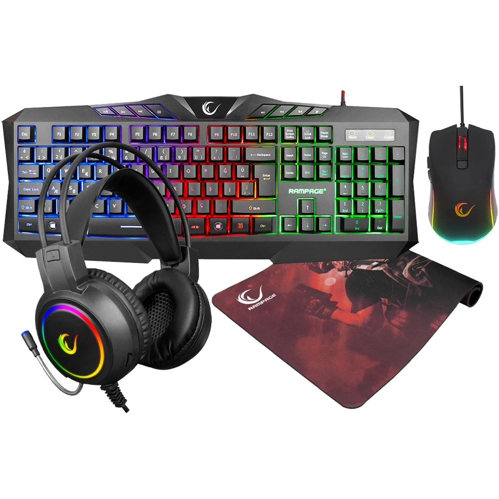 RAMPAGE KM-404 ARGENTI RAİNBOW AYDINLATMALI USB GAMİNG COMBO Q KLAVYE + KULAKLIK + MOUSE + MOUSEPAD