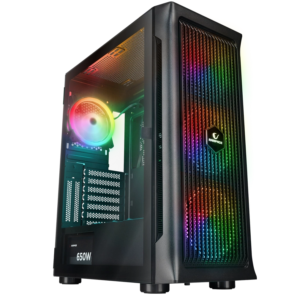RAMPAGE PROLIX MESH 650W 80+ SİYAH 4*12CM ARGB FAN MANYETİK TEMPERLİ CAMLI ATX MİD-T GAMİNG OYUNCU KASASI
