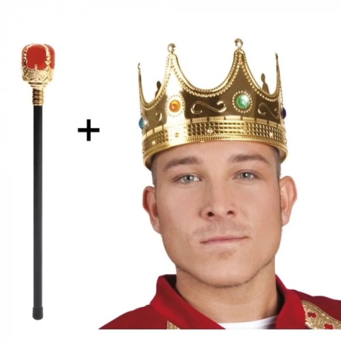 Dodes Altın Kral Tacı ve Kırmızı Topuzlu Asası Seti