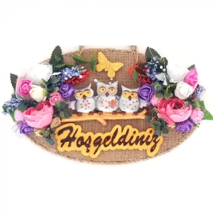Dodes Baykuş Ailesi Hoşgeldiniz Yazılı Çiçekli El Yapımı Kapı Süsü