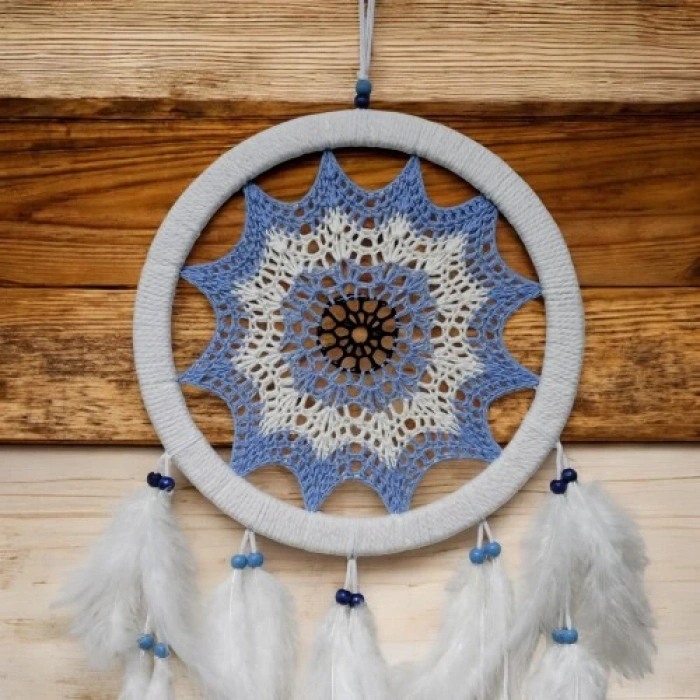 Dodes Buz Mavisi Renginde Nazar Motifli Kuş Tüylü Duvar Süsü