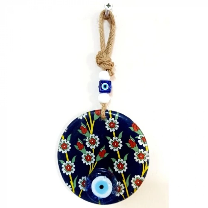 Dodes Çiçek Desenli Lacivert Nazar Boncuklu Füzyon Cam Duvar Süsü