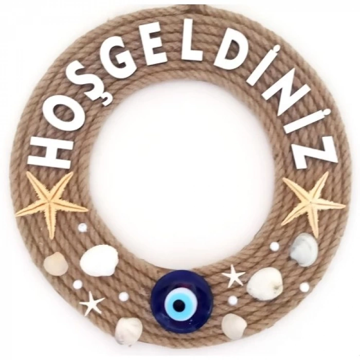 Dodes Deniz Yıldızlı Nazar Boncuklu Çakıl Taşlı İncili Hoş Geldiniz Yazılı Kapı Ve Duvar Süsü  