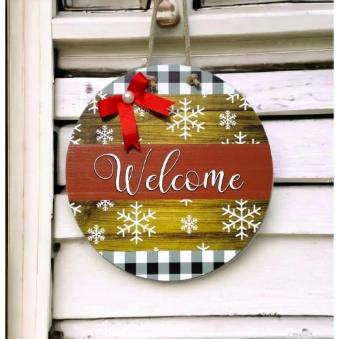 Dodes Dijital Baskı Kırmızı Kurdeleli İncili Welcome Kapı Süsü 30 Cm Kapı Süsü