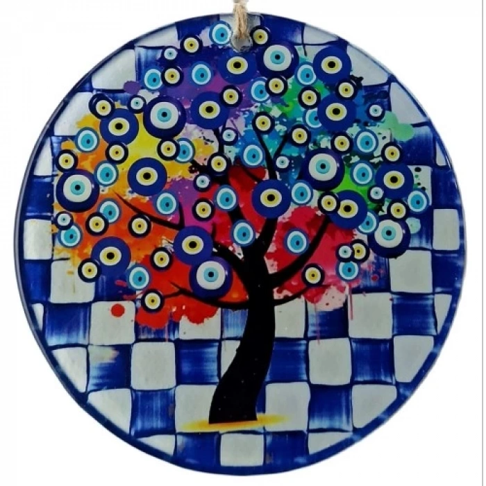 Dodes Dilek Ağacı Desenli Nazar Boncuklu Füzyon Cam Duvar Süsü