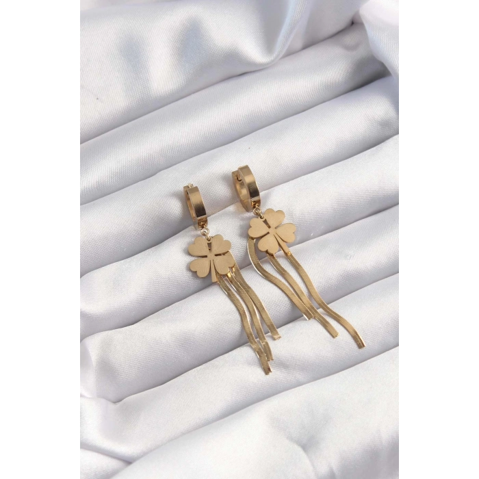 Dodes Dodes 316L Çelik Altın Renk İtalyan Zincirli Yonca Model Halka Küpe TG27BKP9494