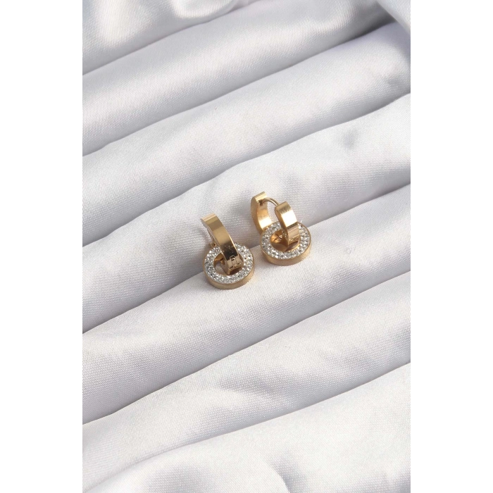 Dodes Dodes 316L Çelik Altın Renk Zirkon Taşlı Halka Model Küpe TG27BKP9499