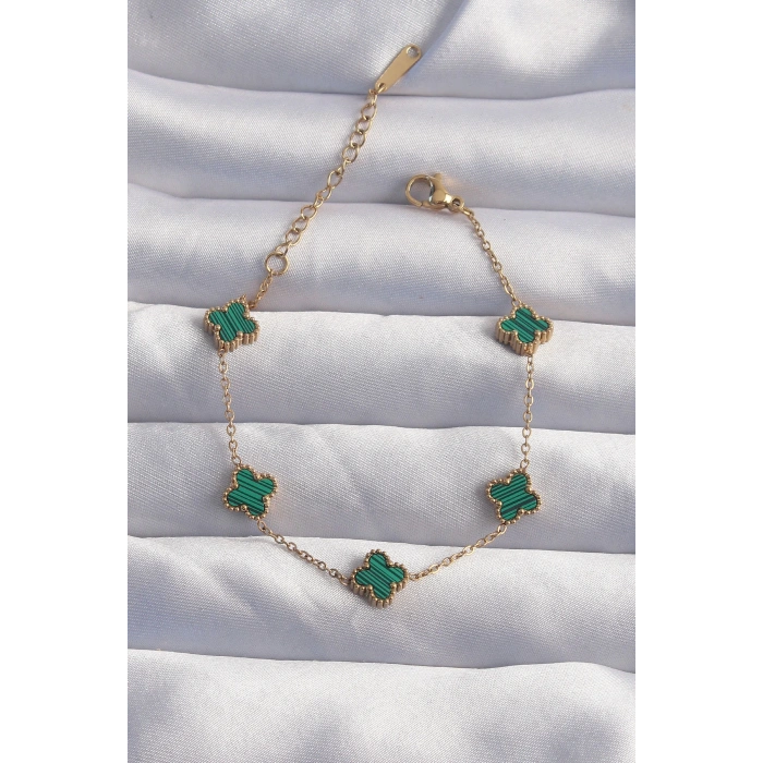 Dodes Dodes 316L Çelik Baby Boy Gold Renk Çizgili Yeşil Mineli Yonca Bileklik TG27BB6271