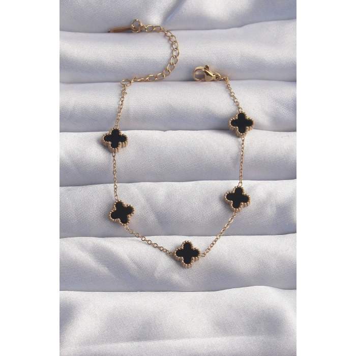 Dodes Dodes 316L Çelik Baby Boy Gold Renk Siyah Mineli Yonca Bileklik TG27BB6276