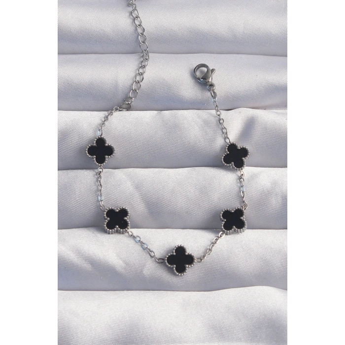 Dodes Dodes 316L Çelik Baby Boy Gümüş Renk Siyah Mineli Yonca Bileklik TG27BB6275