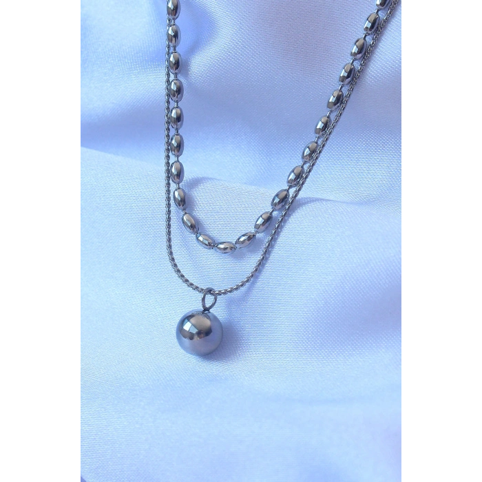 Dodes Dodes 316L Çelik Çift Zincirli Gümüş Renk Topçuk Model Kolye TG27BKO8881