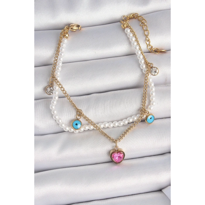 Dodes Dodes 316L Çelik Gold Renk 2Li İncili Zincir Sallantı Pembe Kalp Model Nazar Boncuk Detay Kadın Bileklik TG27BB6949