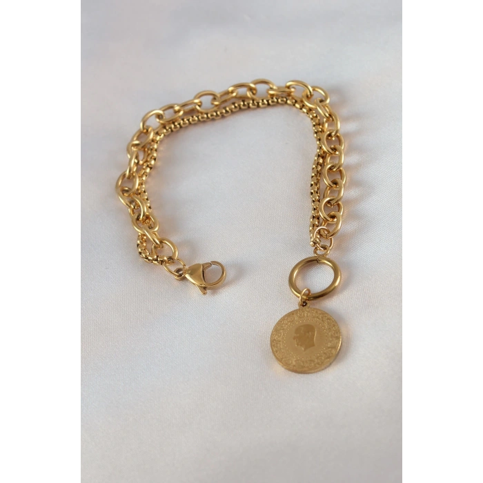 Dodes Dodes 316L Çelik Gold Renk 2li Zincir Model Çeyrek Altınlı Kadın Bileklik TG27BB5452